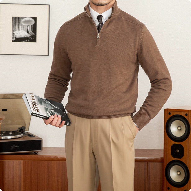 Men's Stand Collar Zippered Wool Sweater